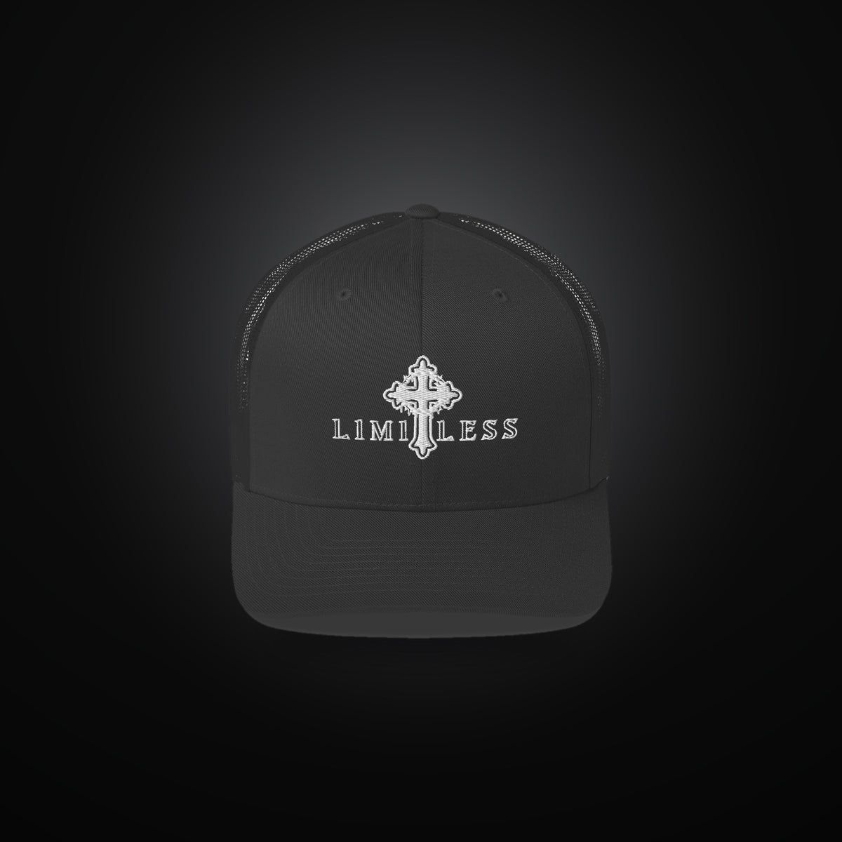 LIMITLESS retro trucker hat in black, front view with embroidered cross logo