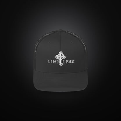 LIMITLESS retro trucker hat in black, front view with embroidered cross logo