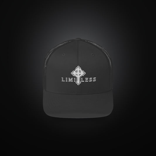 LIMITLESS retro trucker hat in black, front view with embroidered cross logo