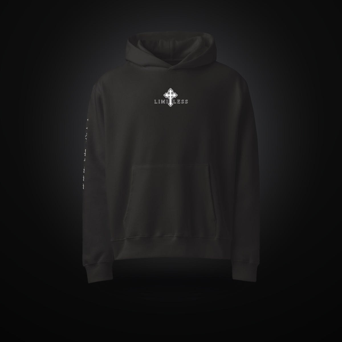LIMITLESS oversized heavyweight hoodie in black, front view with embroidered cross logo