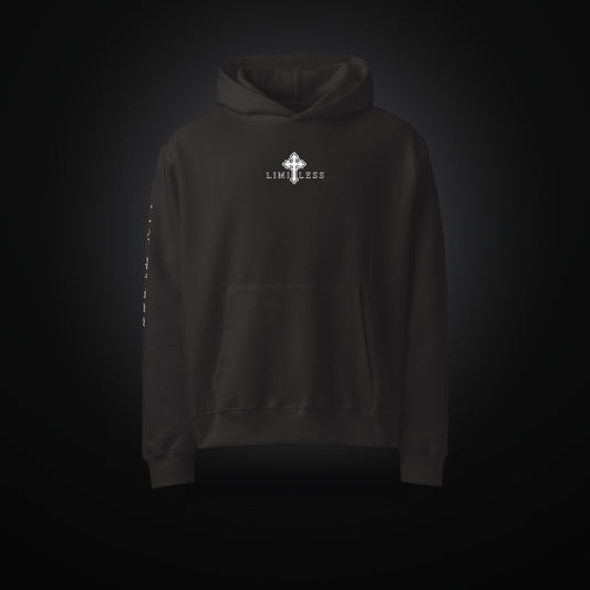 LIMITLESS oversized heavyweight hoodie in black, front view with embroidered cross logo