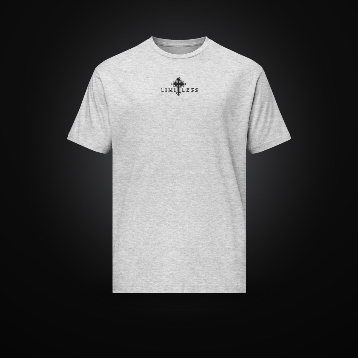 LIMITLESS t-shirt in heather grey, front view with cross logo