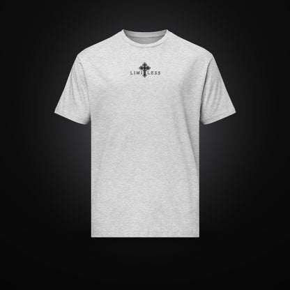 LIMITLESS t-shirt in heather grey, front view with cross logo