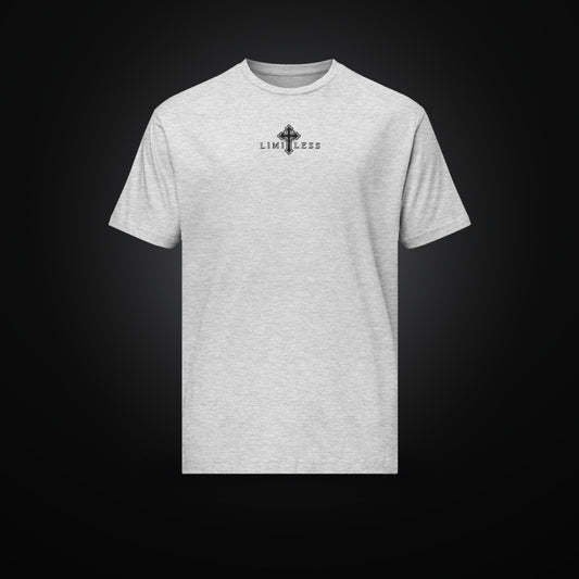 LIMITLESS t-shirt in heather grey, front view with cross logo