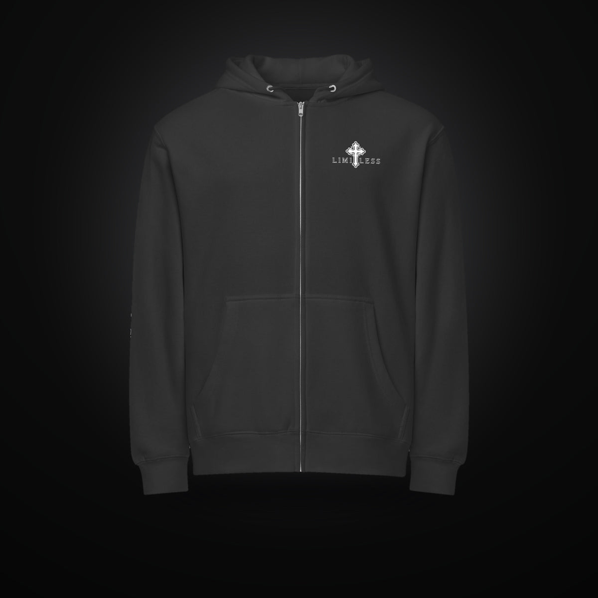 LIMITLESS premium full-zip hoodie in black, front view with embroidered cross logo