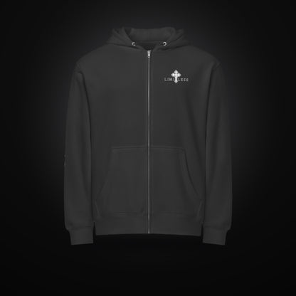 LIMITLESS premium full-zip hoodie in black, front view with embroidered cross logo