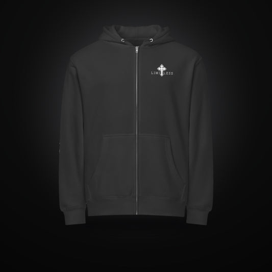 LIMITLESS premium full-zip hoodie in black, front view with embroidered cross logo